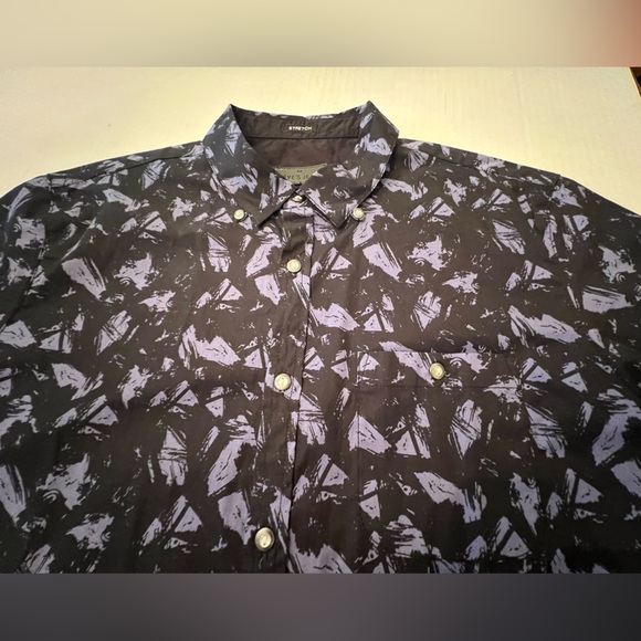 STEVE’S JEANS STRETCH  NAVY DESIGN DRESS SHORT SLEEVE SHIRT.  SIZE LARGE - Picture 5 of 9